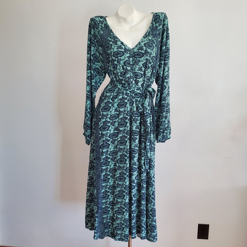 Knox Rose Midi Dress Medium Blue Floral Puff Sleeve Belted Button Loop Coastal